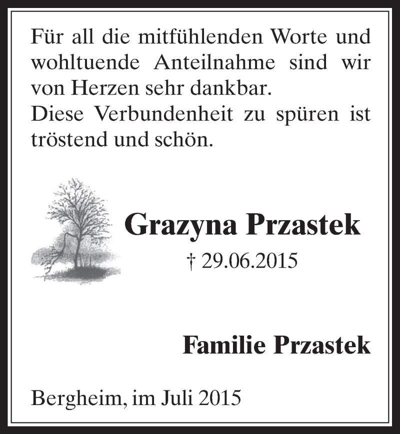 Traueranzeige für Grazyna Przastek vom 29.07.2015 aus  Werbepost 