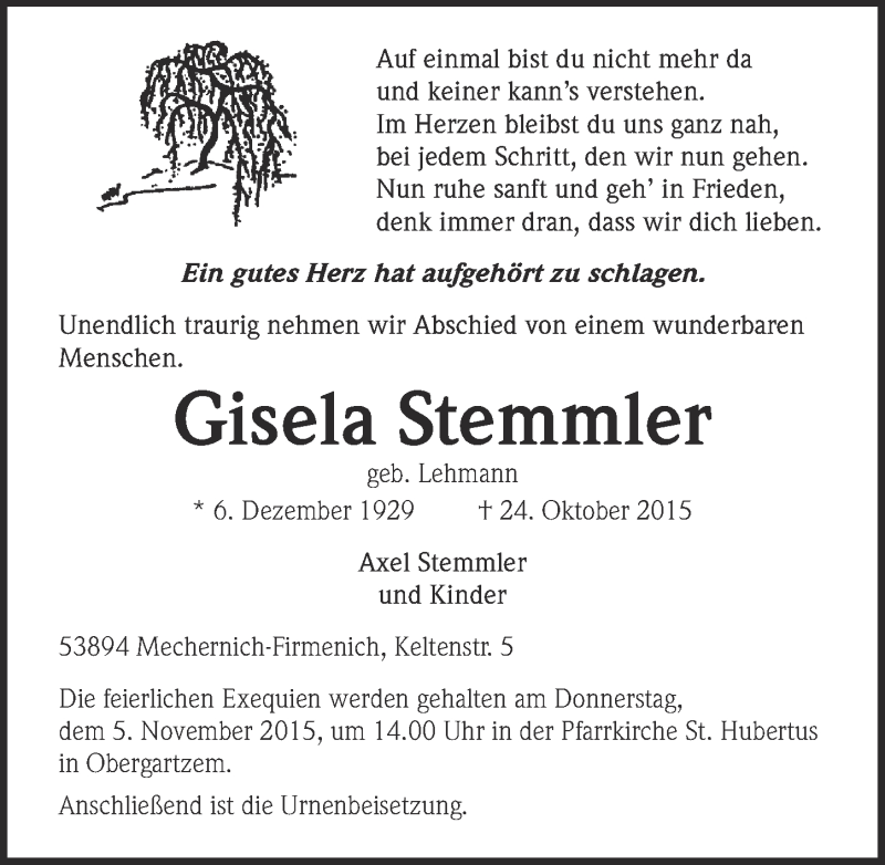  Traueranzeige für Gisela Stemmler vom 01.11.2015 aus  Blickpunkt Euskirchen 