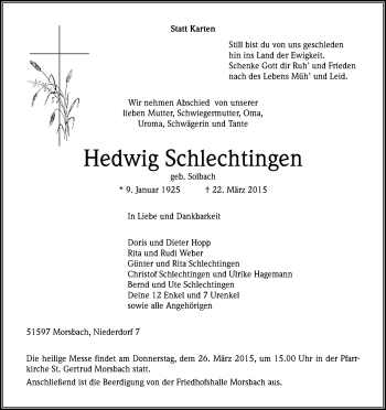 Anzeige von Hedwig Schlechtingen von Kölner Stadt-Anzeiger / Kölnische Rundschau / Express