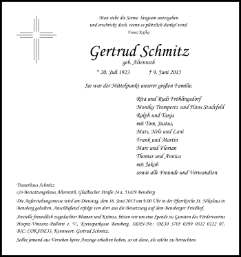 Anzeige von Gertrud Schmitz von Kölner Stadt-Anzeiger / Kölnische Rundschau / Express