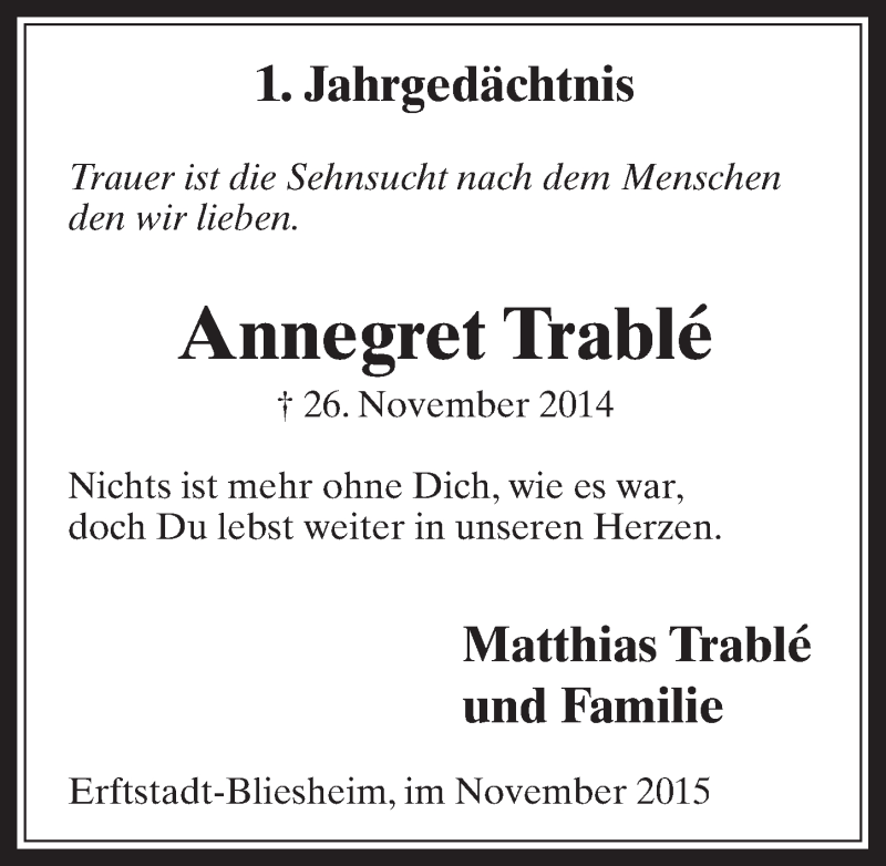  Traueranzeige für Annegret Trablé vom 25.11.2015 aus  Werbepost 