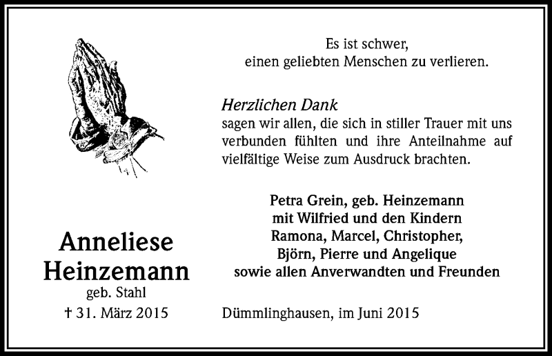  Traueranzeige für Anneliese Heinzemann vom 27.06.2015 aus Kölner Stadt-Anzeiger / Kölnische Rundschau / Express