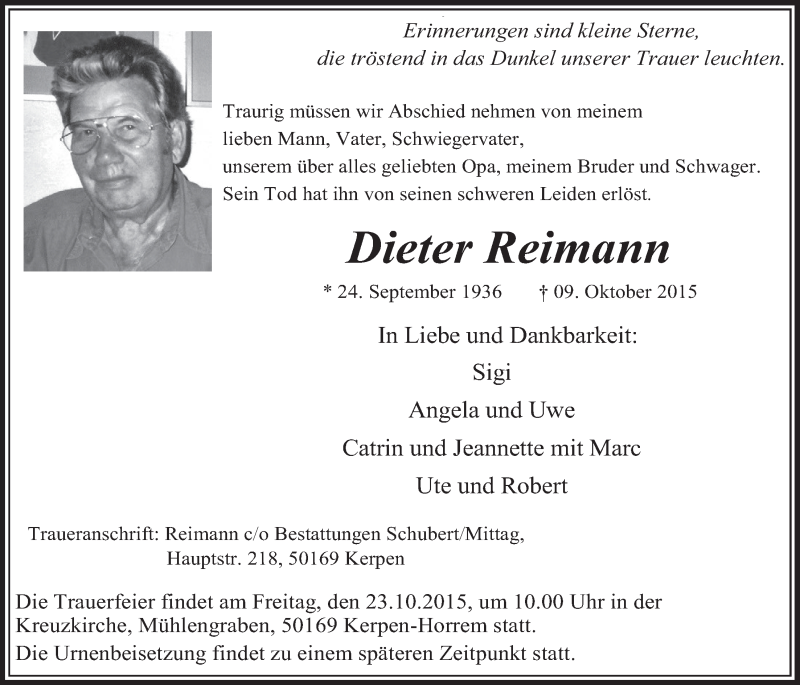  Traueranzeige für Dieter Reimann vom 17.10.2015 aus  Sonntags-Post 