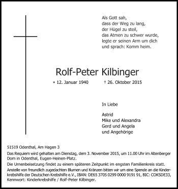 Anzeige von Rolf-Peter Kilbinger von Kölner Stadt-Anzeiger / Kölnische Rundschau / Express