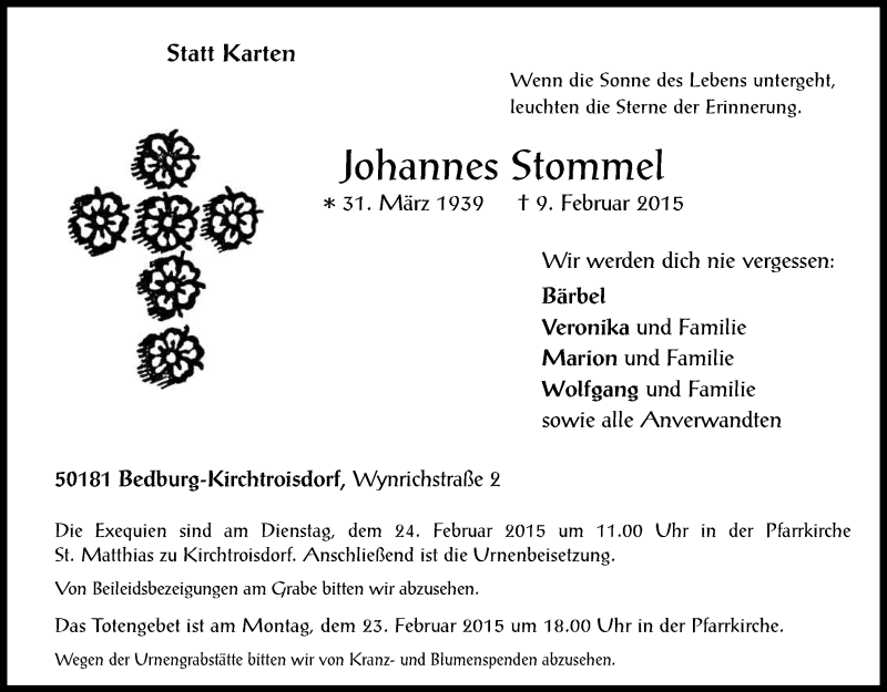  Traueranzeige für Johannes Stommel vom 18.02.2015 aus Kölner Stadt-Anzeiger / Kölnische Rundschau / Express