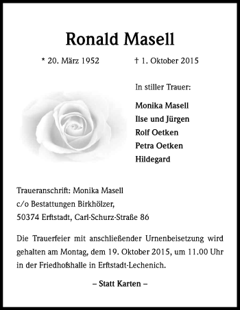 Anzeige von Ronald Masell von Kölner Stadt-Anzeiger / Kölnische Rundschau / Express