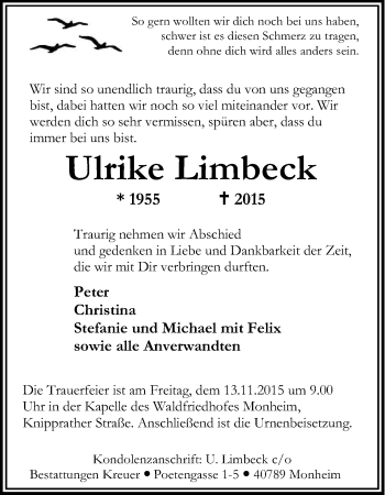 Anzeige von Ulricke Limbeck von Kölner Stadt-Anzeiger / Kölnische Rundschau / Express