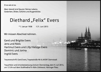 Anzeige von Diethard Evers von Kölner Stadt-Anzeiger / Kölnische Rundschau / Express