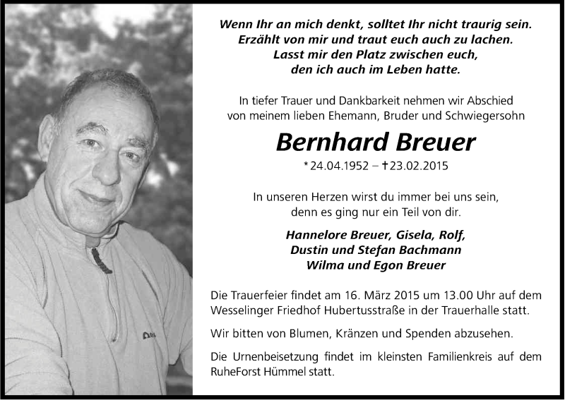  Traueranzeige für Bernhard Breuer vom 07.03.2015 aus Kölner Stadt-Anzeiger / Kölnische Rundschau / Express