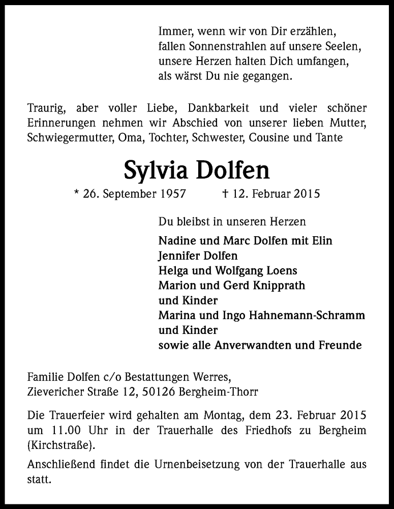  Traueranzeige für Silvia Dolfen vom 14.02.2015 aus Kölner Stadt-Anzeiger / Kölnische Rundschau / Express