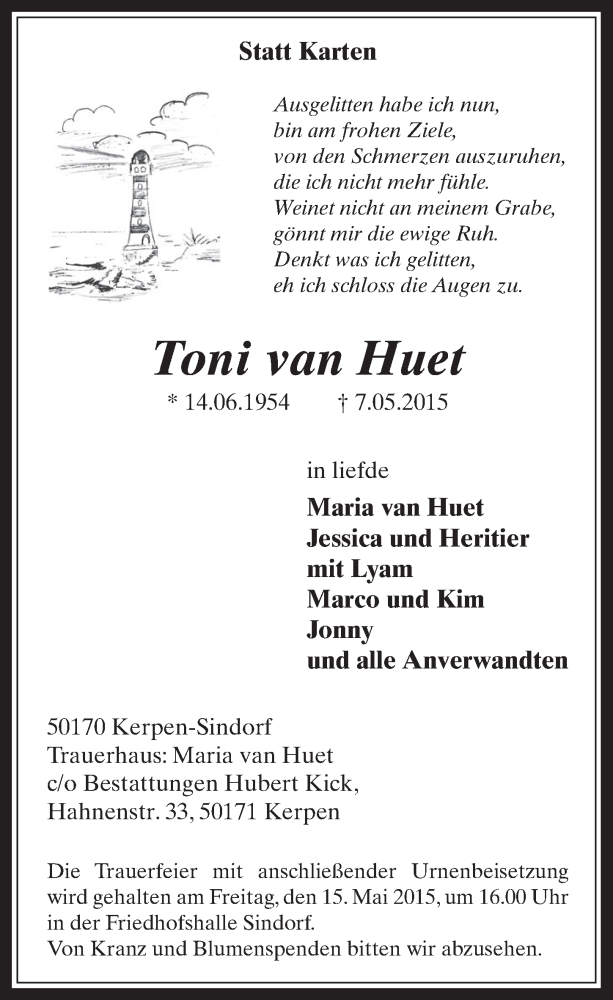  Traueranzeige für Toni van Huet vom 13.05.2015 aus  Werbepost 