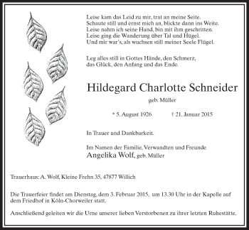 Anzeige von Hildegard Charlotte Schneider von  Sonntags-Post 