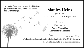 Anzeige von Marlies Heinz von Kölner Stadt-Anzeiger / Kölnische Rundschau / Express
