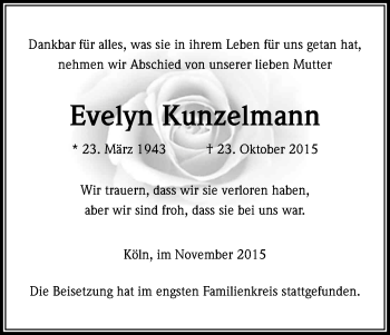 Anzeige von Evelyn Kunzelmann von Kölner Stadt-Anzeiger / Kölnische Rundschau / Express
