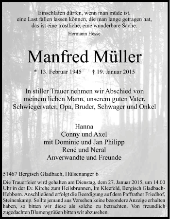 Anzeige von Manfred Müller von Kölner Stadt-Anzeiger / Kölnische Rundschau / Express