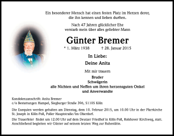 Anzeige von Günter Bremer von Kölner Stadt-Anzeiger / Kölnische Rundschau / Express