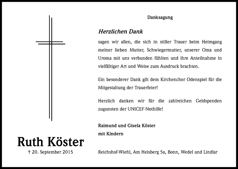  Traueranzeige für Ruth Köster vom 07.11.2015 aus Kölner Stadt-Anzeiger / Kölnische Rundschau / Express