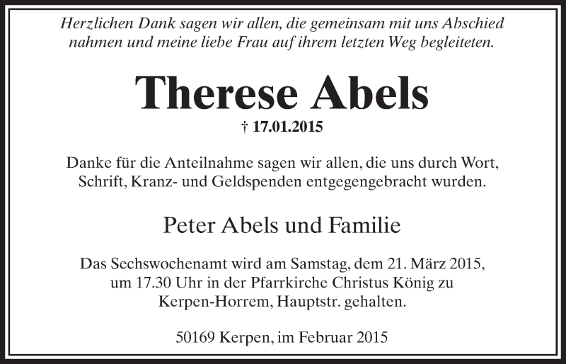  Traueranzeige für Therese Abels vom 14.03.2015 aus  Sonntags-Post 