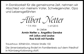 Anzeige von Albert Netter von Kölner Stadt-Anzeiger / Kölnische Rundschau / Express