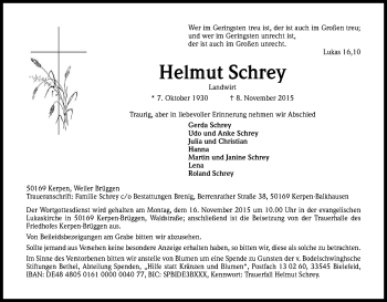 Anzeige von Helmut Schrey von Kölner Stadt-Anzeiger / Kölnische Rundschau / Express