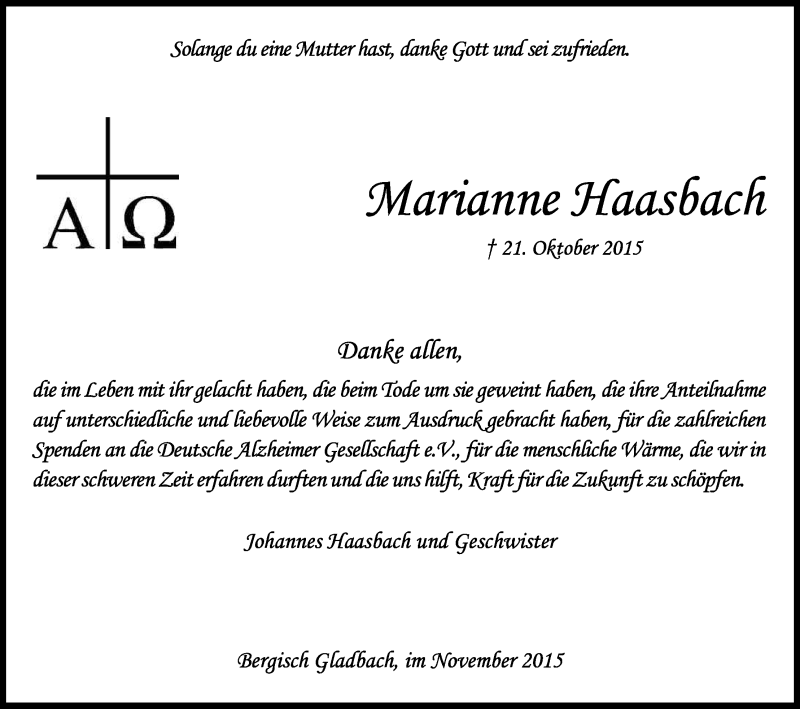  Traueranzeige für Marianne Haasbach vom 28.11.2015 aus Kölner Stadt-Anzeiger / Kölnische Rundschau / Express