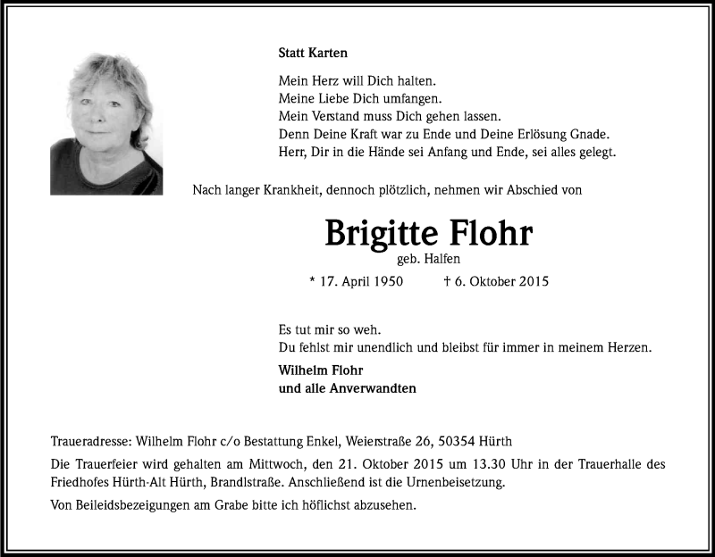  Traueranzeige für Brigitte Flohr vom 17.10.2015 aus Kölner Stadt-Anzeiger / Kölnische Rundschau / Express