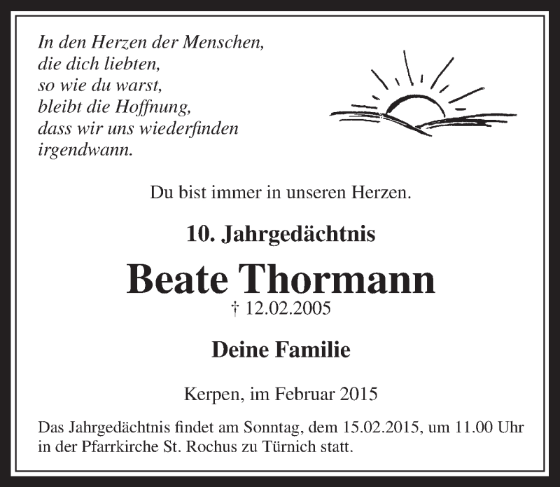  Traueranzeige für Beate Thormann vom 11.02.2015 aus  Werbepost 