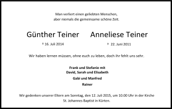 Anzeige von Günther und Anneliese Teiner von Kölner Stadt-Anzeiger / Kölnische Rundschau / Express