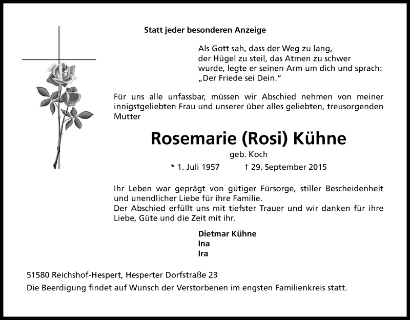  Traueranzeige für Rosemarie Kühne vom 02.10.2015 aus Kölner Stadt-Anzeiger / Kölnische Rundschau / Express