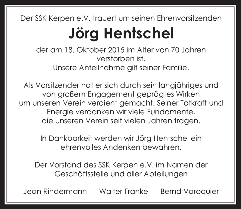  Traueranzeige für Jörg Hentschel vom 04.11.2015 aus  Werbepost 