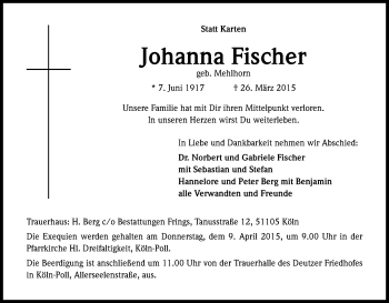 Anzeige von Johanna Fischer von Kölner Stadt-Anzeiger / Kölnische Rundschau / Express