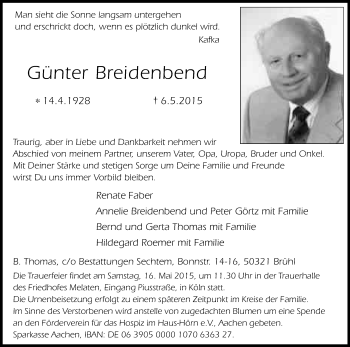 Anzeige von Günter Breidenbend von Kölner Stadt-Anzeiger / Kölnische Rundschau / Express