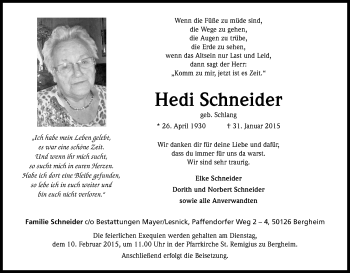 Anzeige von Hedi Schneider von Kölner Stadt-Anzeiger / Kölnische Rundschau / Express