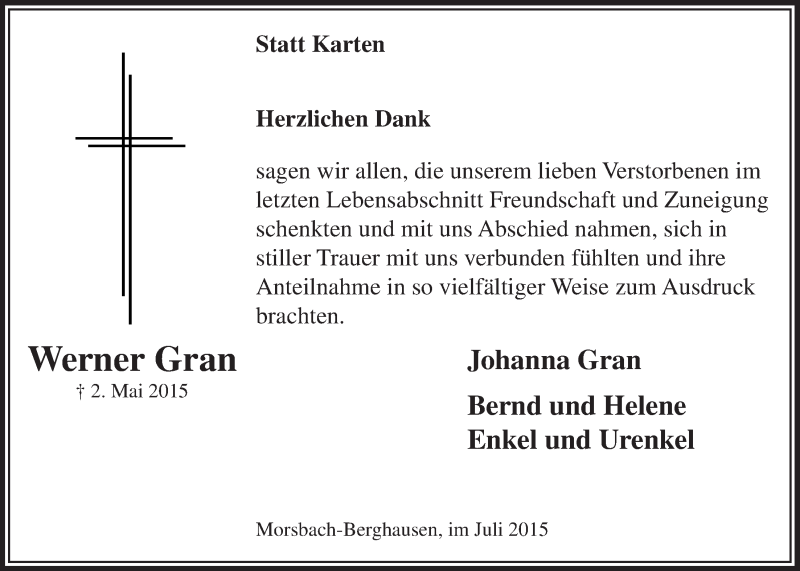  Traueranzeige für Werner Gran vom 15.07.2015 aus  Lokalanzeiger 