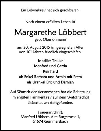 Anzeige von Margarethe Löbbert von Kölner Stadt-Anzeiger / Kölnische Rundschau / Express