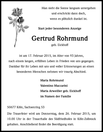 Anzeige von Gertrud Rohrmund von Kölner Stadt-Anzeiger / Kölnische Rundschau / Express
