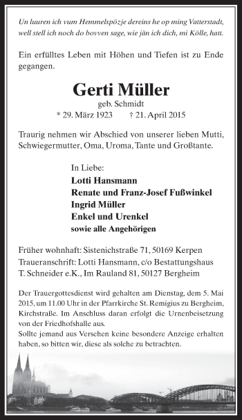 Anzeige von Gerti Müller von  Werbepost 