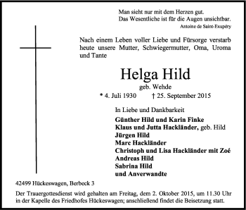 Anzeige von Helga Hild von Kölner Stadt-Anzeiger / Kölnische Rundschau / Express