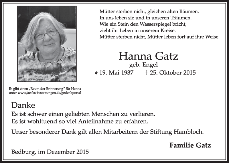  Traueranzeige für Hanna Gatz vom 05.12.2015 aus  Sonntags-Post 