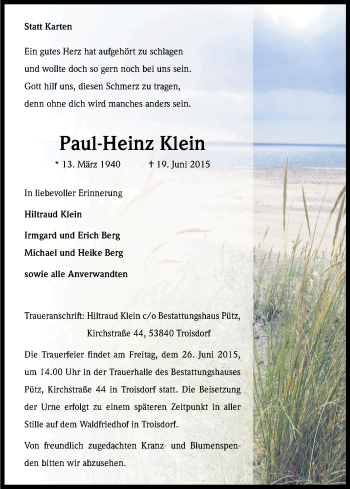 Anzeige von Paul-Heinz Klein von Kölner Stadt-Anzeiger / Kölnische Rundschau / Express