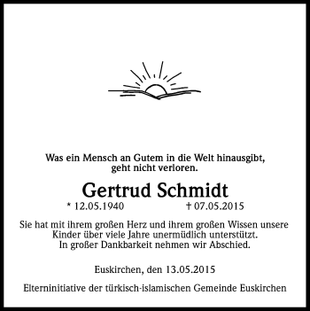 Anzeige von Gertrud Schmidt von Kölner Stadt-Anzeiger / Kölnische Rundschau / Express