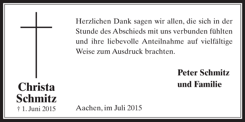  Traueranzeige für Christa Schmitz vom 22.07.2015 aus  Schlossbote/Werbekurier 