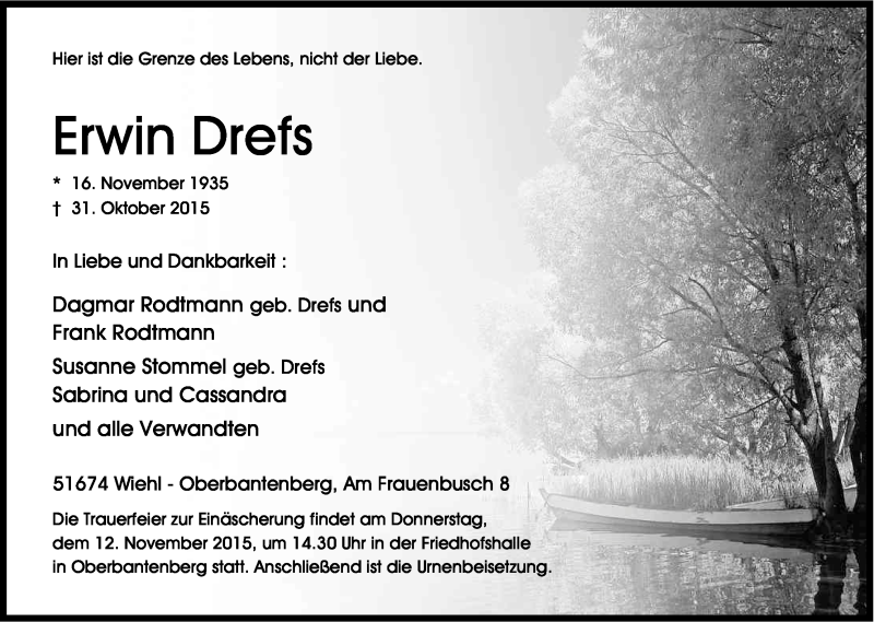  Traueranzeige für Erwin Drefs vom 06.11.2015 aus Kölner Stadt-Anzeiger / Kölnische Rundschau / Express