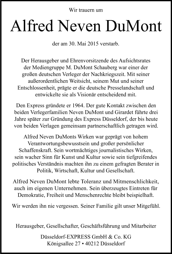  Traueranzeige für Alfred Neven DuMont vom 06.06.2015 aus Kölner Stadt-Anzeiger / Kölnische Rundschau / Express