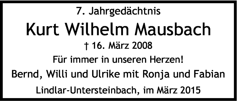  Traueranzeige für Kurt Wilhelm Mausbach vom 16.03.2015 aus Kölner Stadt-Anzeiger / Kölnische Rundschau / Express