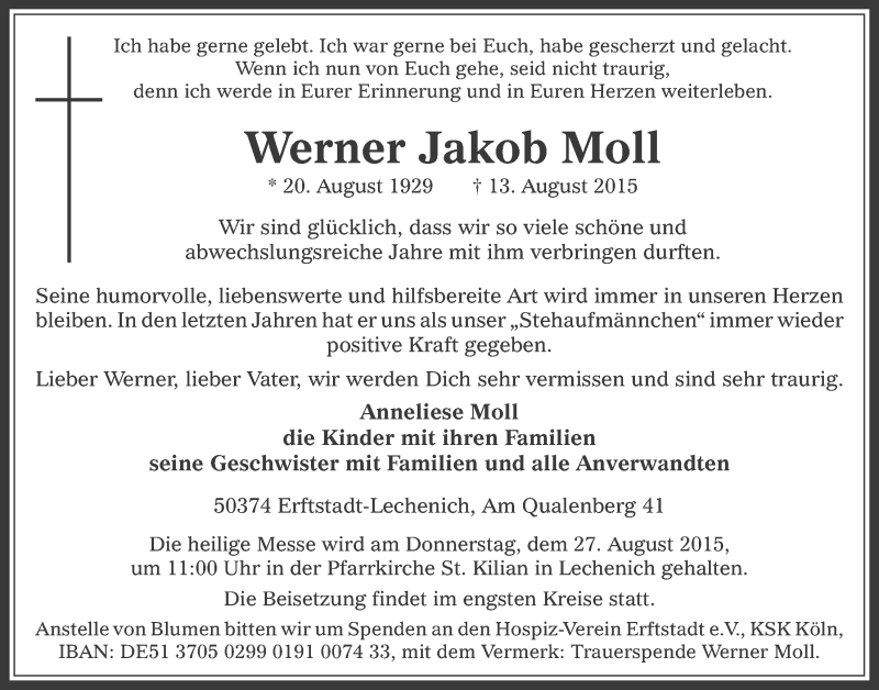  Traueranzeige für Werner Jakob Moll vom 19.08.2015 aus  Werbepost 