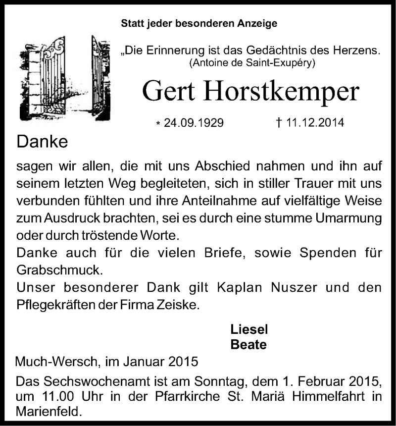  Traueranzeige für Gert Horstkemper vom 17.01.2015 aus Kölner Stadt-Anzeiger / Kölnische Rundschau / Express