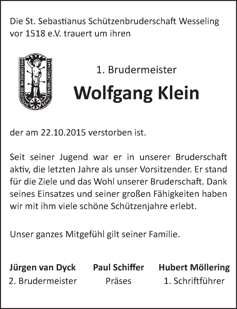  Traueranzeige für Wolfgang Klein vom 28.10.2015 aus  Schlossbote/Werbekurier 