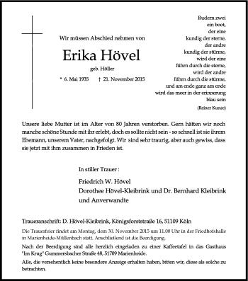 Anzeige von Erika Hövel von Kölner Stadt-Anzeiger / Kölnische Rundschau / Express