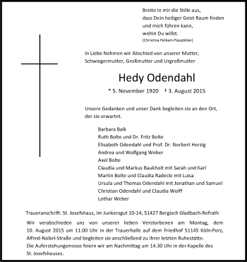Anzeige von Hedy Odendahl von Kölner Stadt-Anzeiger / Kölnische Rundschau / Express